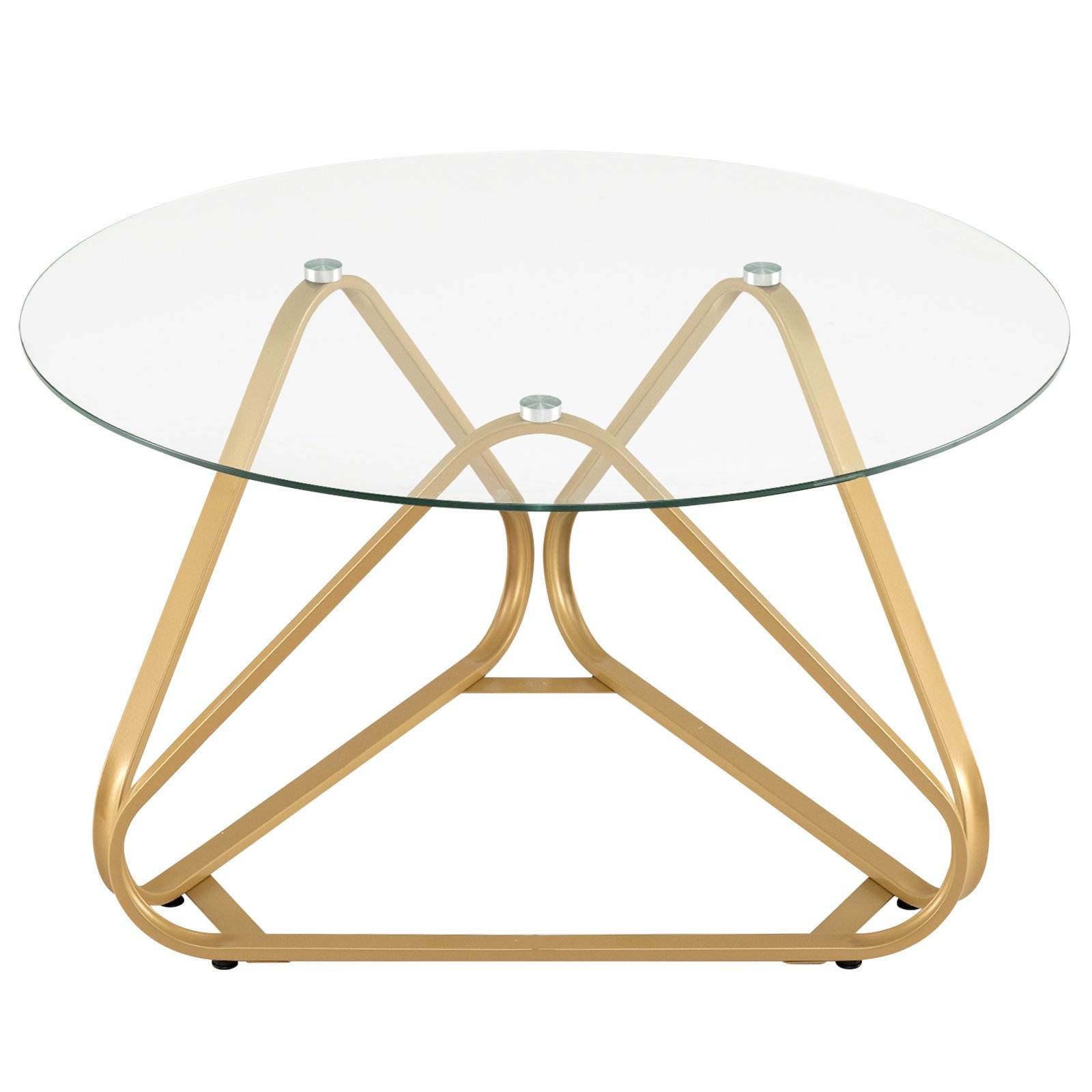 Modernus apvalus kavos staliukas su grūdinto stiklo stalviršiu ir metaliniu rėmu (Auksinė)