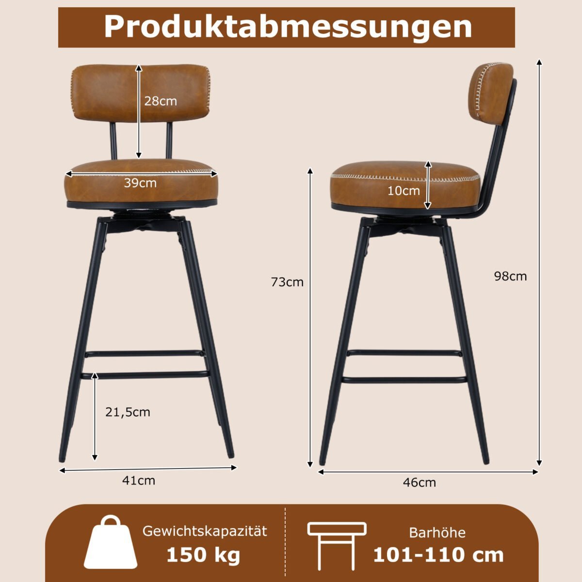 Modernūs besisukantys baro krėslai su paminkštintais atlošais (2 vnt.) (Ruda) – Paveikslėlis 2