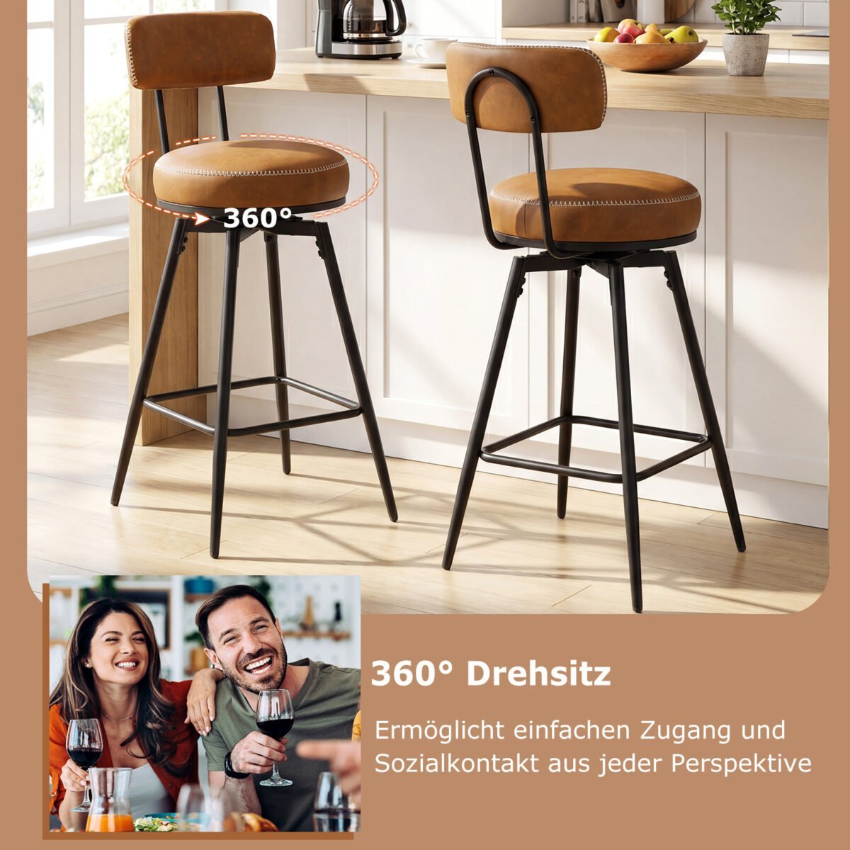 Modernūs besisukantys baro krėslai su paminkštintais atlošais (2 vnt.) (Ruda) – Paveikslėlis 3