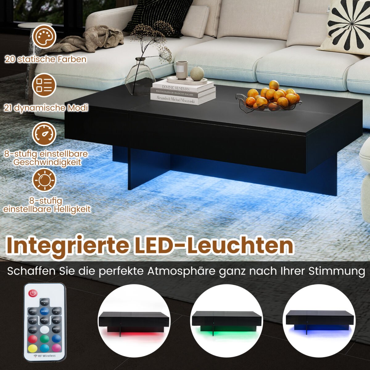 Modernus kavos staliukas su LED apšvietimu 3 stalčiais ir aukšto blizgesio apdaila (Juoda) – Paveikslėlis 3