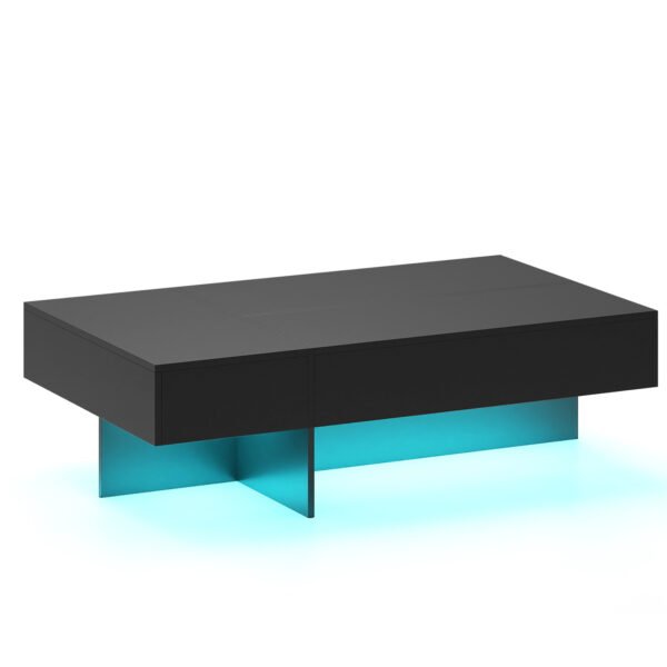 Modernus kavos staliukas su LED apšvietimu 3 stalčiais ir aukšto blizgesio apdaila (Juoda)