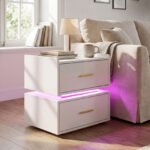 Modernus naktinis staliukas su LED apšvietimu įkrovimo stotele ir 2 stalčiais (Balta) – Paveikslėlis 3