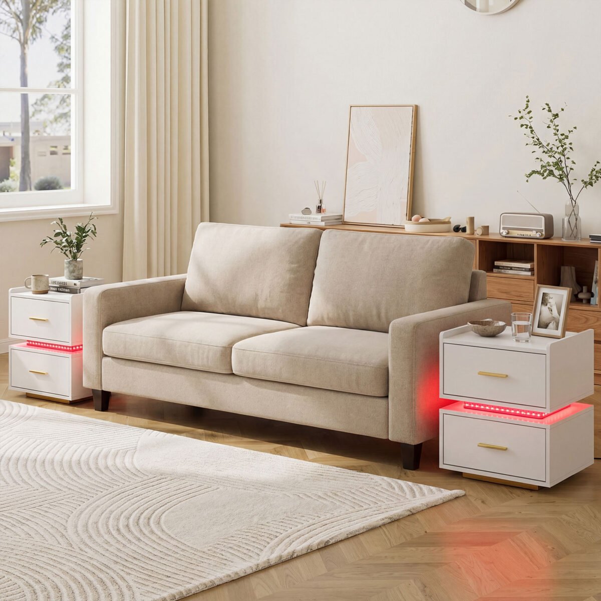 Modernus naktinis staliukas su LED apšvietimu įkrovimo stotele ir 2 stalčiais (Balta) – Paveikslėlis 4