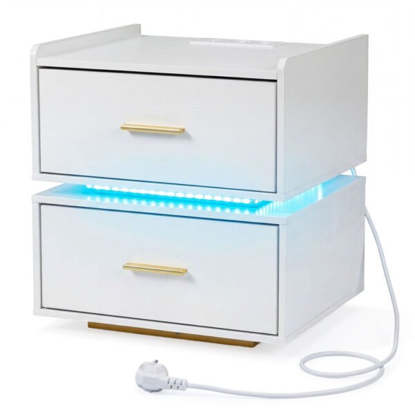 Modernus naktinis staliukas su LED apšvietimu įkrovimo stotele ir 2 stalčiais (Balta)