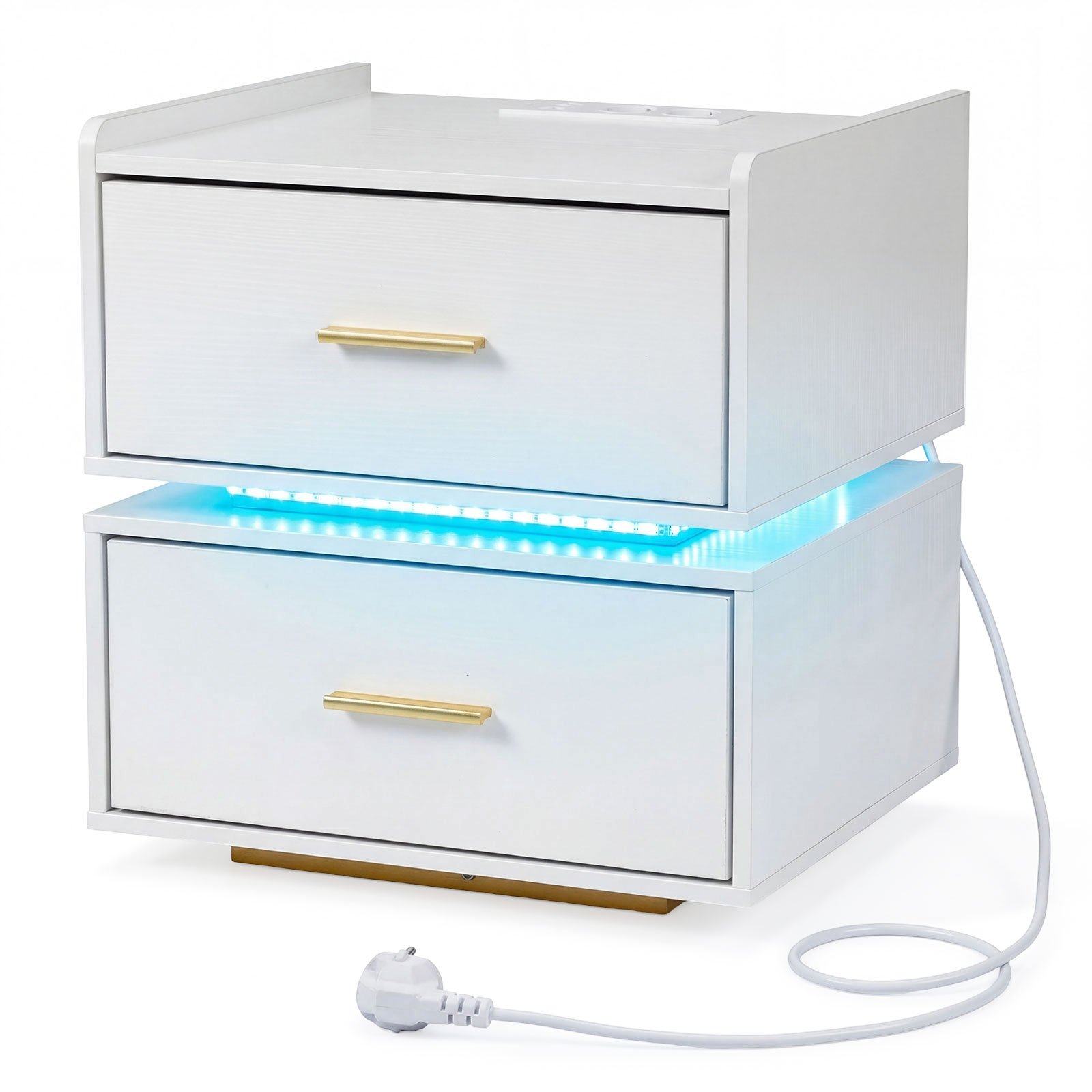 Modernus naktinis staliukas su LED apšvietimu įkrovimo stotele ir 2 stalčiais (Balta)