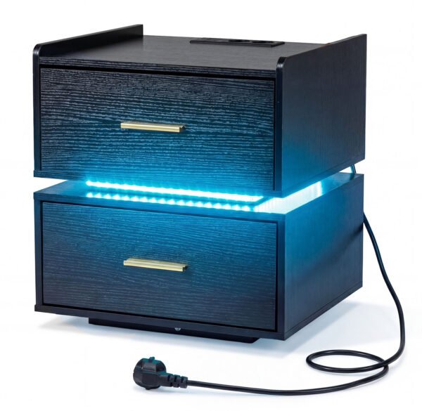 Modernus naktinis staliukas su LED apšvietimu įkrovimo stotele ir 2 stalčiais (Juoda)