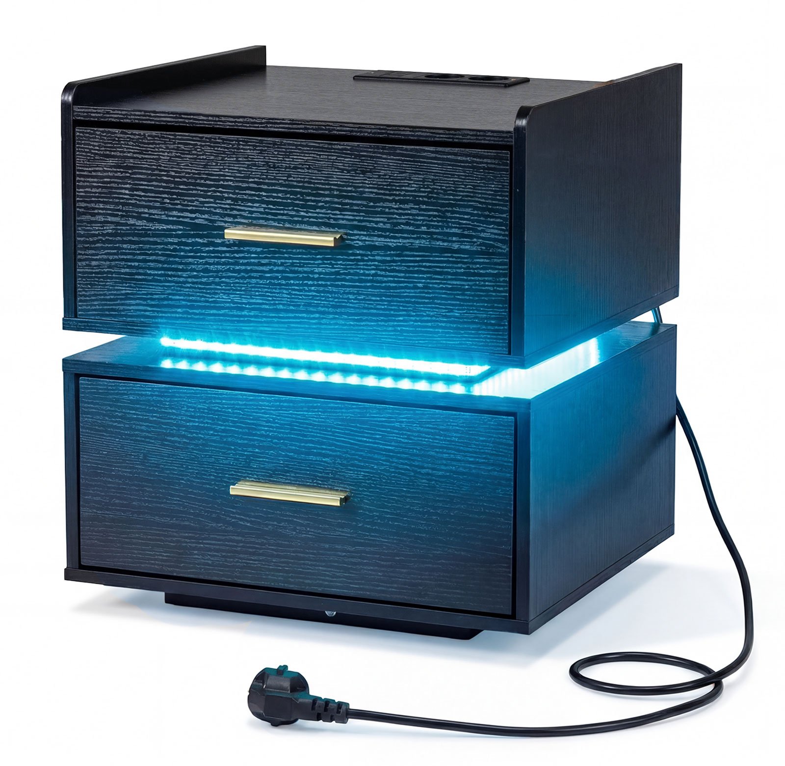 Modernus naktinis staliukas su LED apšvietimu įkrovimo stotele ir 2 stalčiais (Juoda)