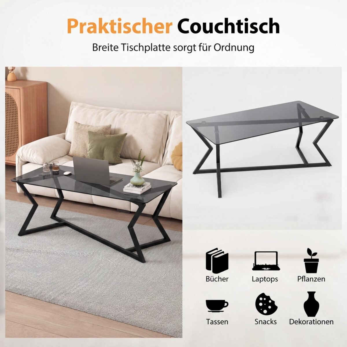 Modernus stačiakampis kavos staliukas su grūdinto stiklo viršumi (Juoda) – Paveikslėlis 3