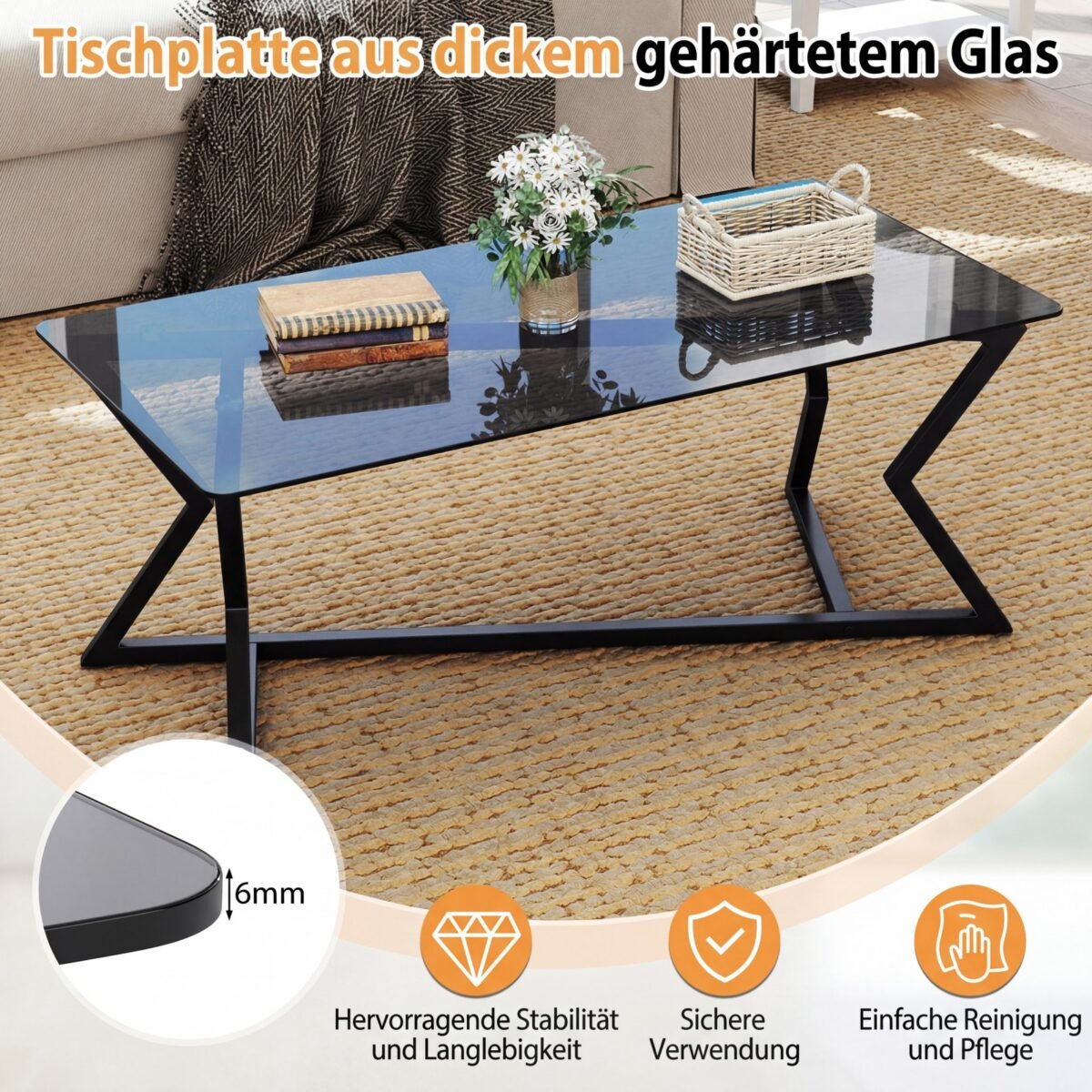 Modernus stačiakampis kavos staliukas su grūdinto stiklo viršumi (Juoda) – Paveikslėlis 4