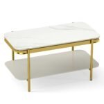 Modernus stačiakampis kavos staliukas su sukepinto akmens stalviršiu ir 2 pakopų saugykla (Balta)