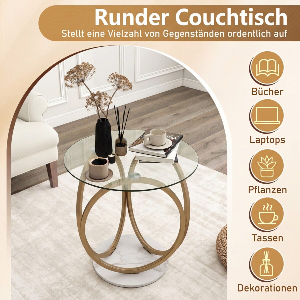 Modernus stiklinis kavos staliukas su geometriniu metaliniu rėmu (Auksinė) – Paveikslėlis 3