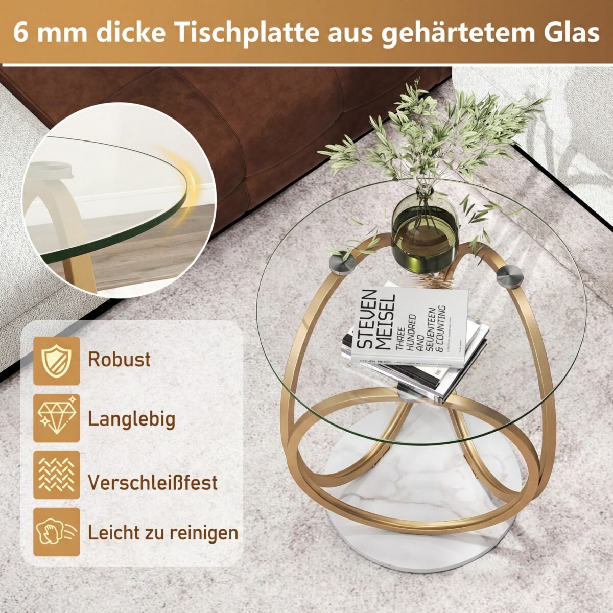 Modernus stiklinis kavos staliukas su geometriniu metaliniu rėmu (Auksinė) – Paveikslėlis 4