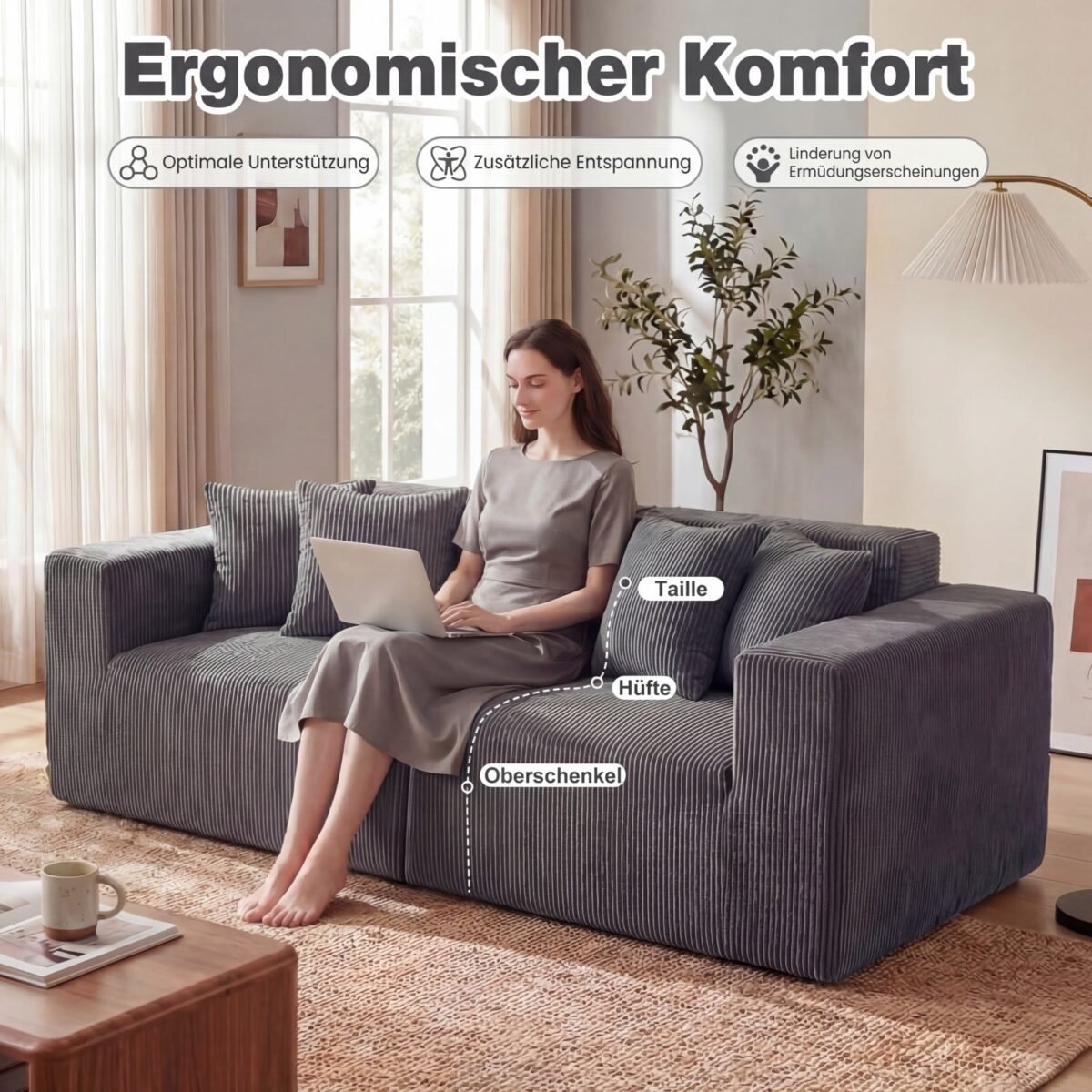 Modulinė dvivietė sofa su giliu sėdimuoju ir patogiomis rankenomis (Pilka)