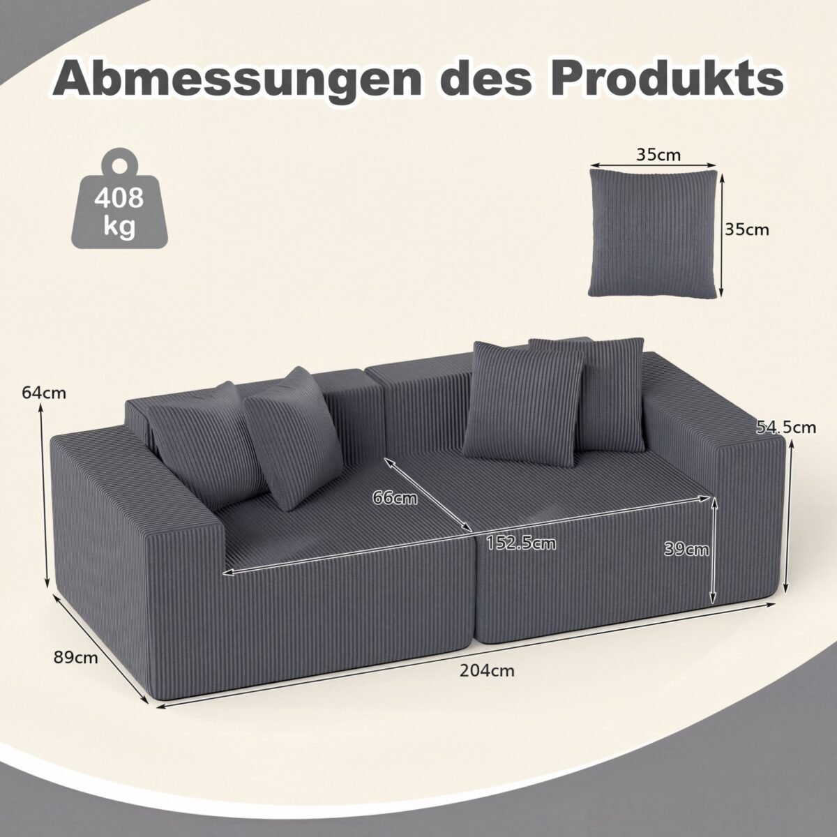 Modulinė dvivietė sofa su giliu sėdimuoju ir patogiomis rankenomis (Pilka) – Paveikslėlis 5