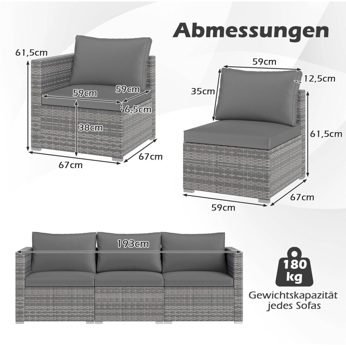 Modulinis 3 dalių sodo sofų komplektas iš PE ratano (Pilka) – Paveikslėlis 2