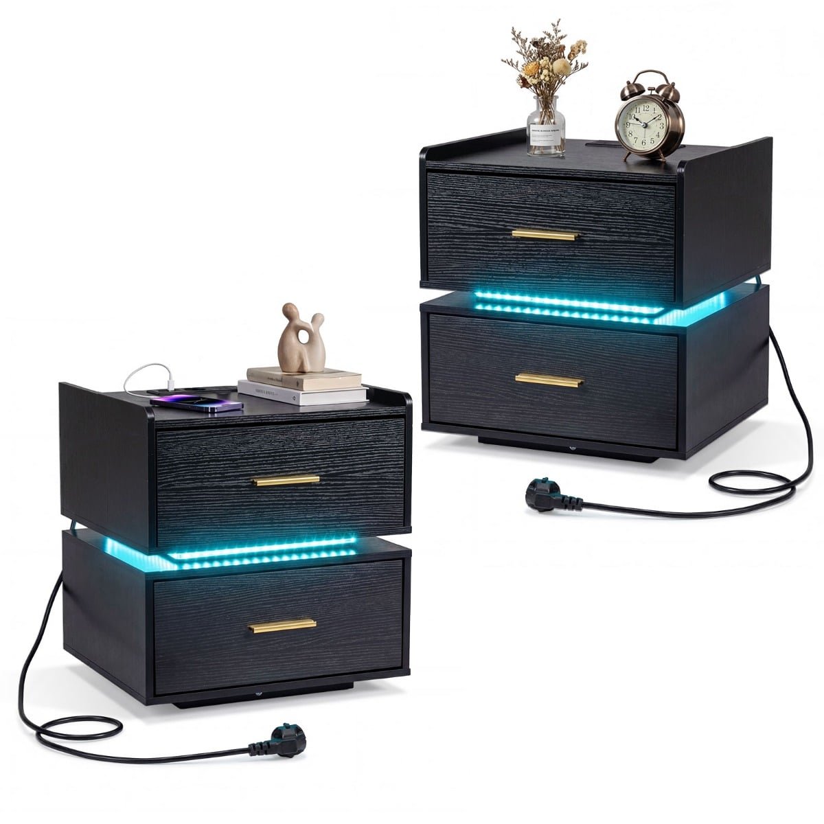 Naktinis staliukas su LED apšvietimu ir įkrovimo stotele (Juoda)