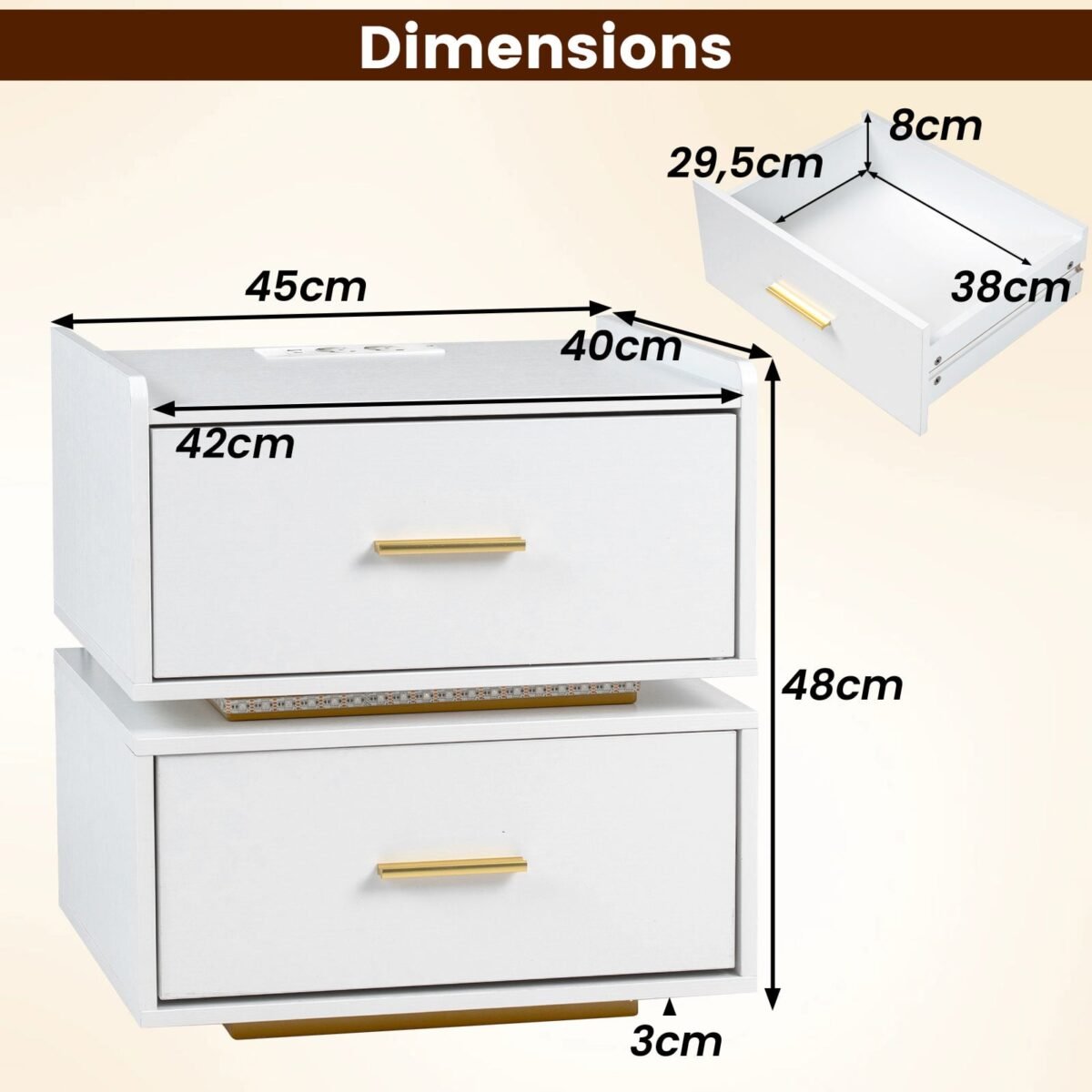 Naktinių staliukų komplektas su integruotu LED apšvietimu ir įkrovimo stotele (Balta) – Paveikslėlis 2