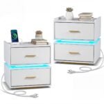 Naktinių staliukų komplektas su integruotu LED apšvietimu ir įkrovimo stotele (Balta)