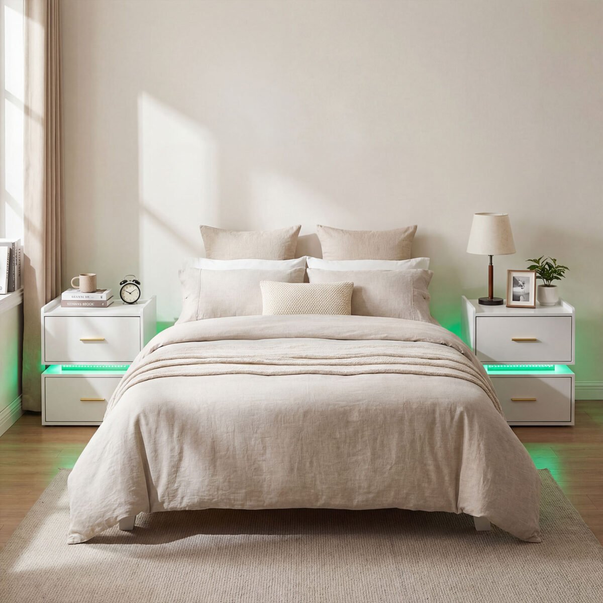 Naktinių staliukų komplektas su integruotu LED apšvietimu ir įkrovimo stotele (Balta) – Paveikslėlis 5