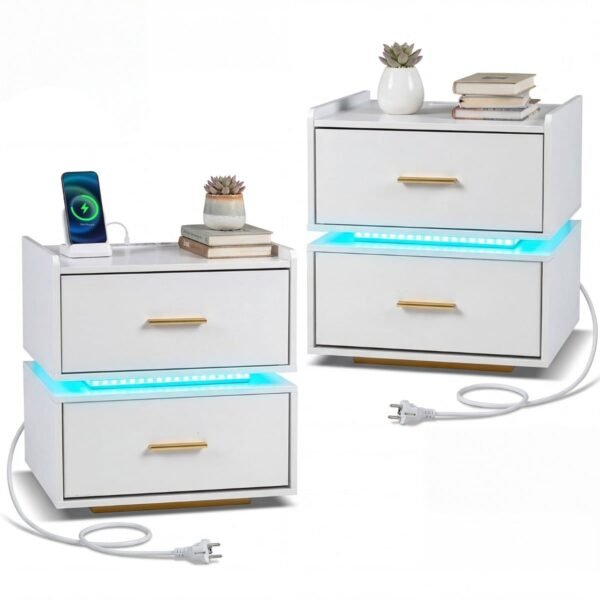 Naktinių staliukų komplektas su integruotu LED apšvietimu ir įkrovimo stotele (Balta)