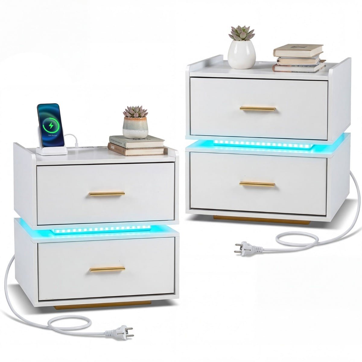 Naktinių staliukų komplektas su integruotu LED apšvietimu ir įkrovimo stotele (Balta)