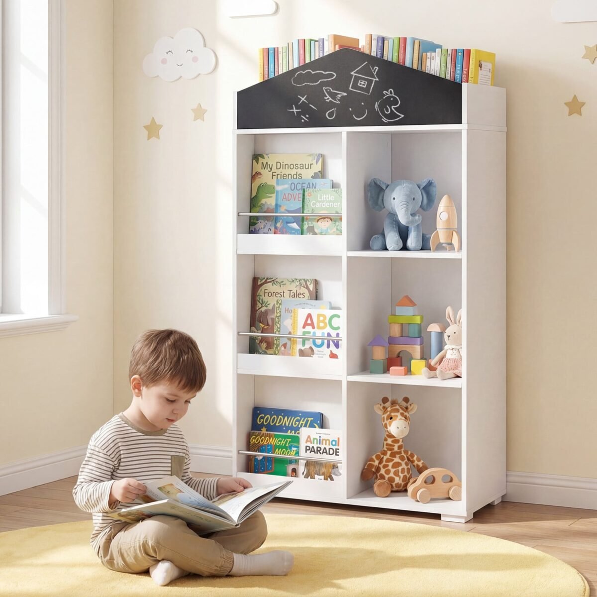 Namelio formos vaikiška knygų lentyna su kreidine rašymo lenta (Balta) – Paveikslėlis 3