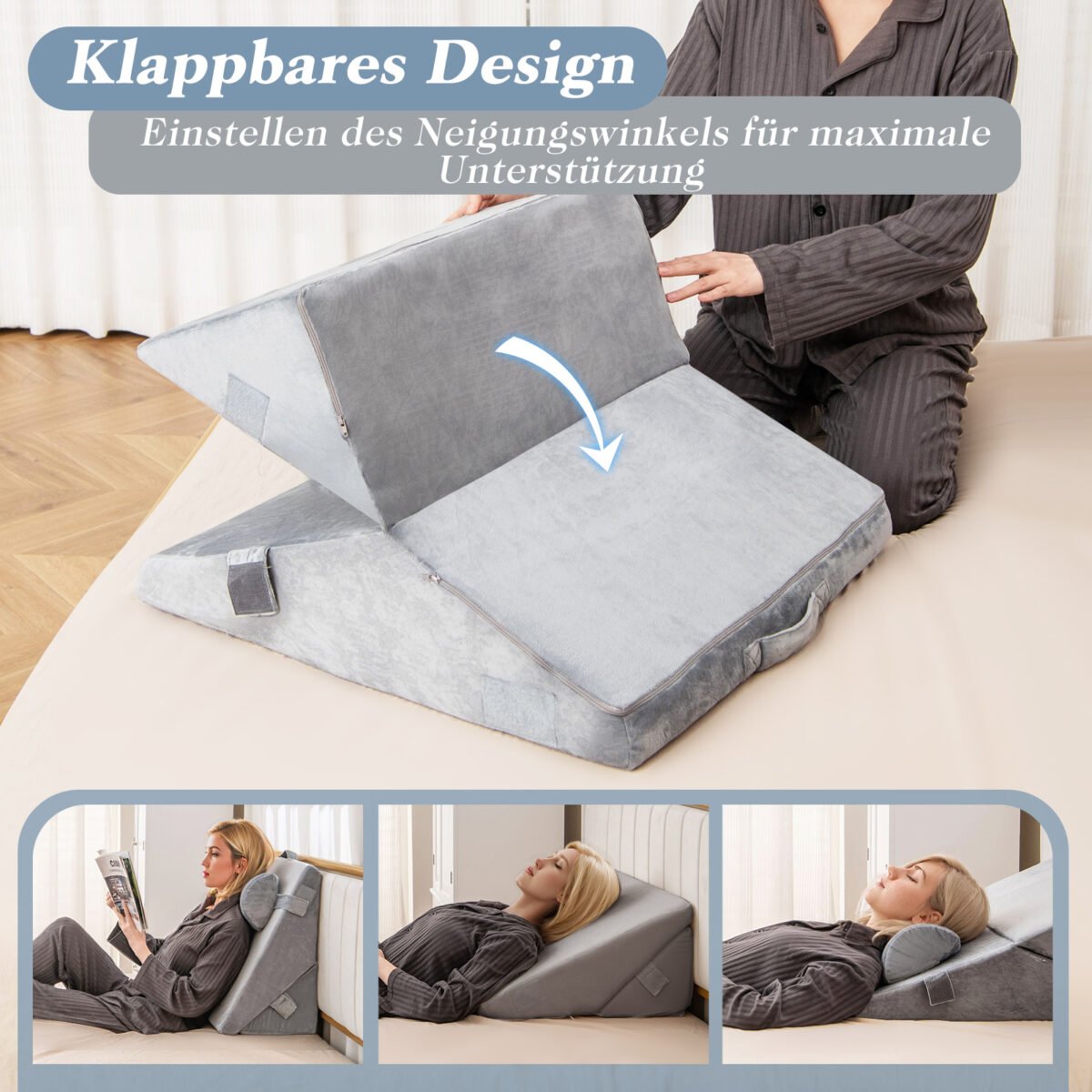 Ortopedinis 3 dalių pleištinių pagalvių rinkinys su atminties putomis (Pilka) – Paveikslėlis 4