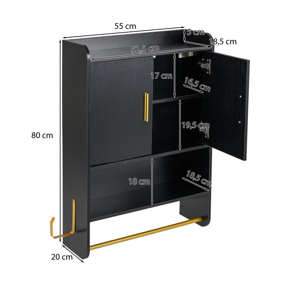 Pakabinama vonios spintelė su dvejomis durelėmis ir reguliuojamomis lentynomis (Juoda)