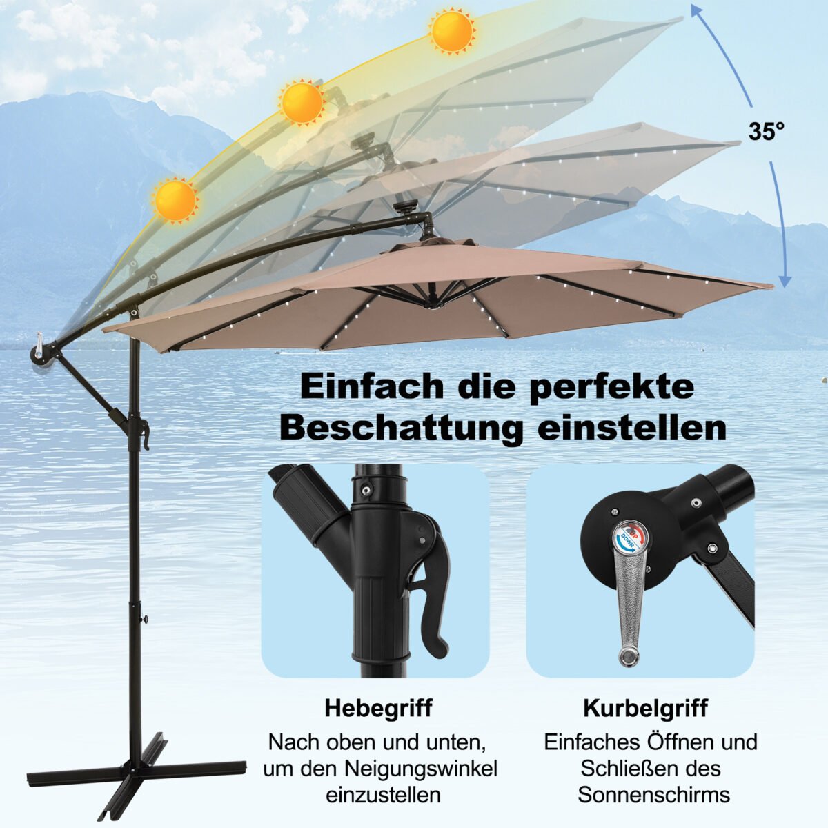 Pakabinamas sodo skėtis su LED apšvietimu ir reguliuojamu pasvirimu (Šviesiai ruda) – Paveikslėlis 4