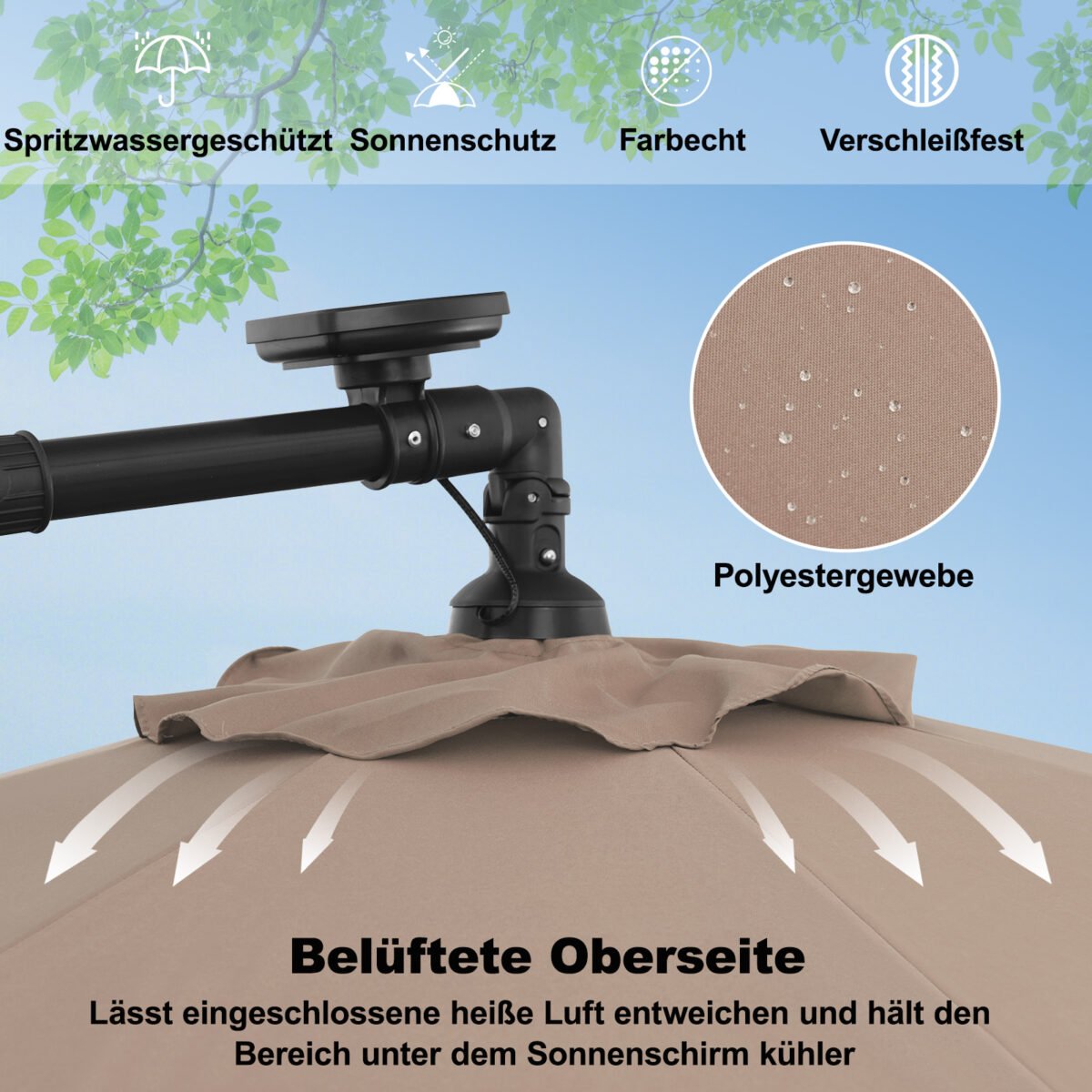 Pakabinamas sodo skėtis su LED apšvietimu ir reguliuojamu pasvirimu (Šviesiai ruda) – Paveikslėlis 5