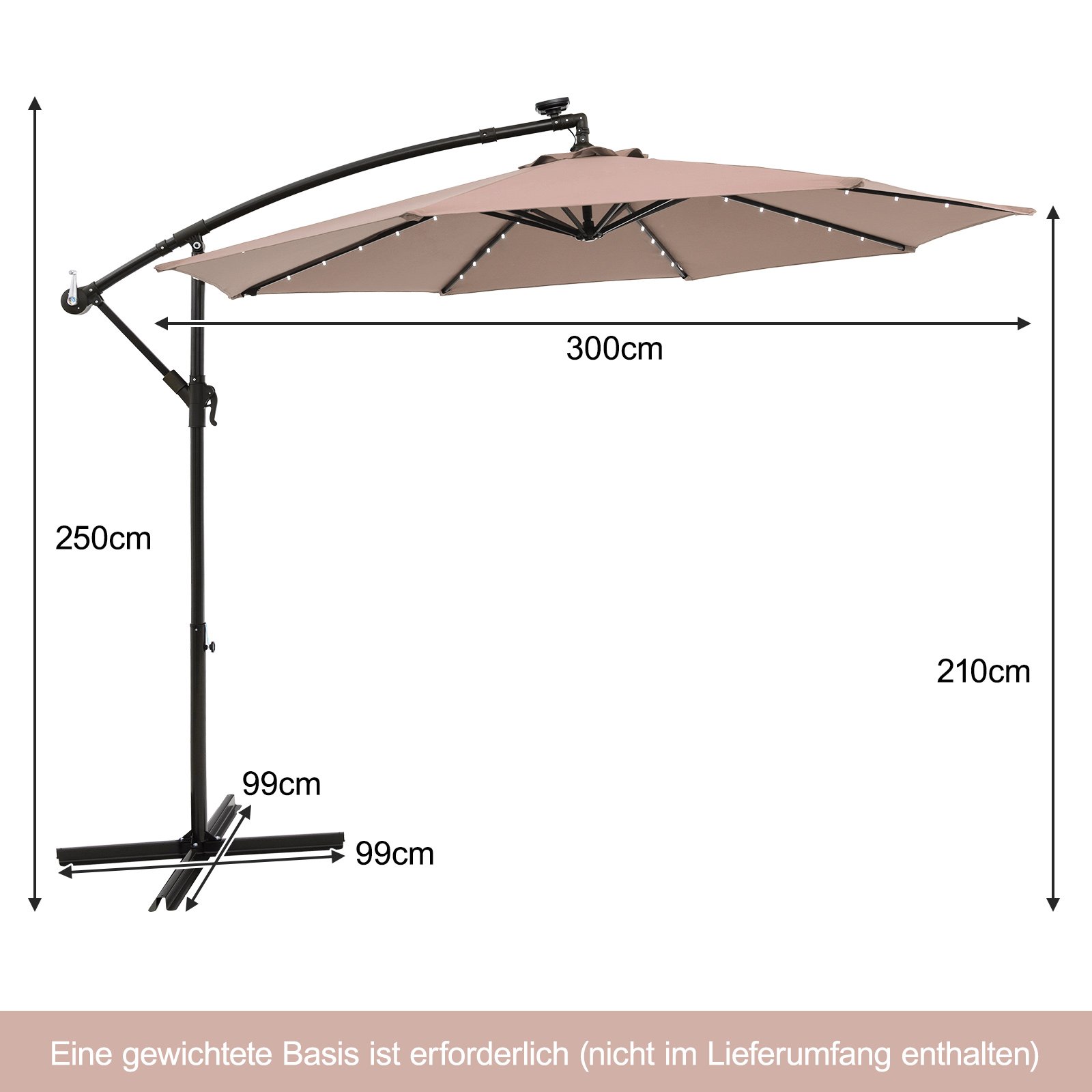 Pakabinamas sodo skėtis su LED apšvietimu ir reguliuojamu pasvirimu (Šviesiai ruda)