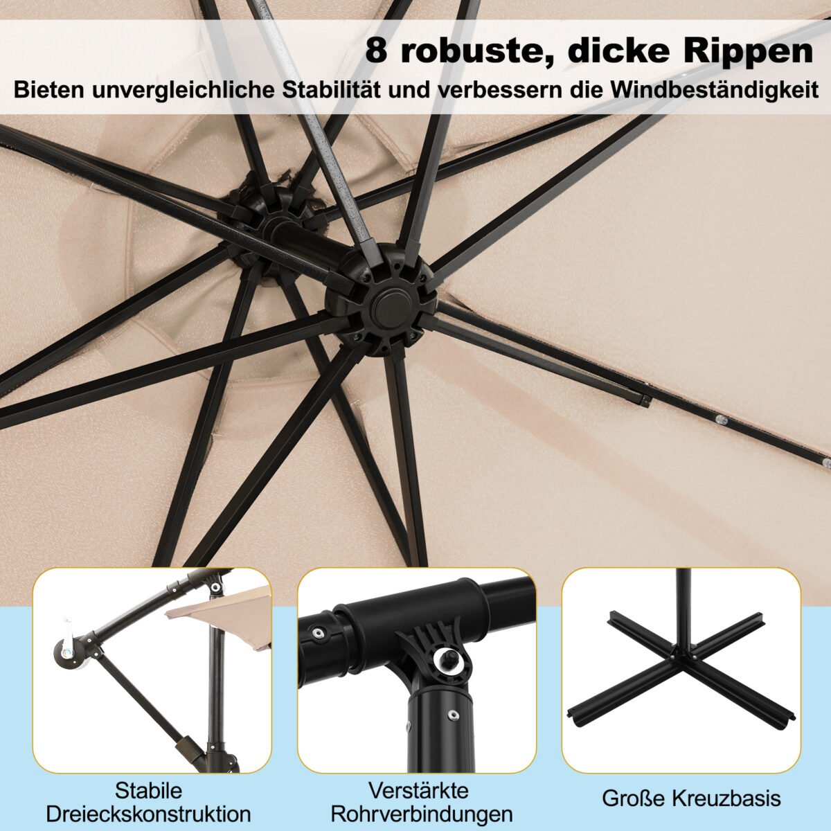 Pakabinamas sodo skėtis su saulės LED apšvietimu ir pasvirimo funkcija (Smėlio) – Paveikslėlis 3