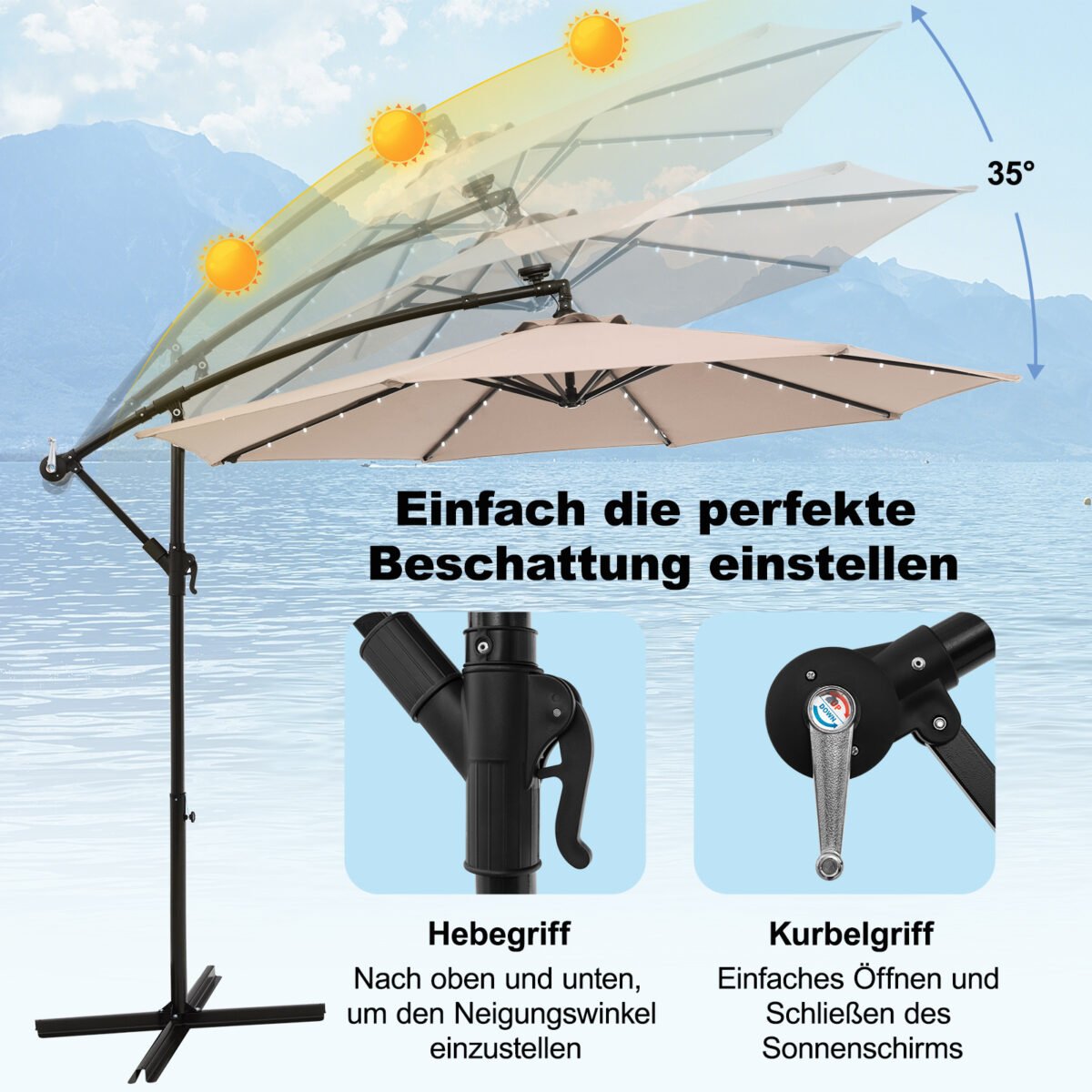 Pakabinamas sodo skėtis su saulės LED apšvietimu ir pasvirimo funkcija (Smėlio) – Paveikslėlis 4
