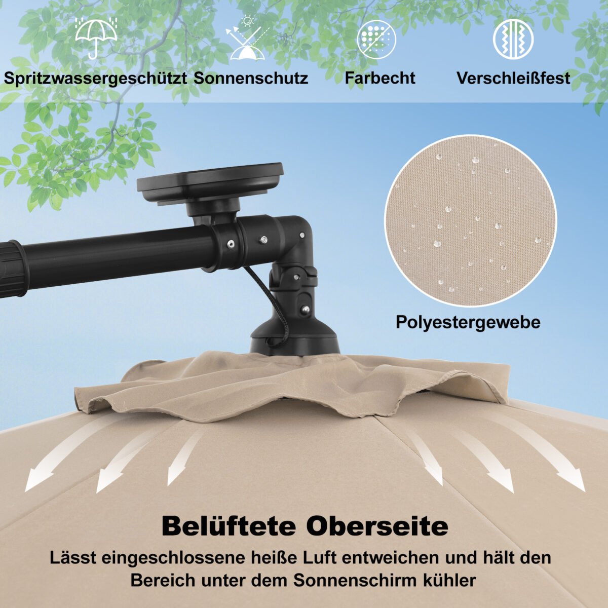 Pakabinamas sodo skėtis su saulės LED apšvietimu ir pasvirimo funkcija (Smėlio) – Paveikslėlis 5