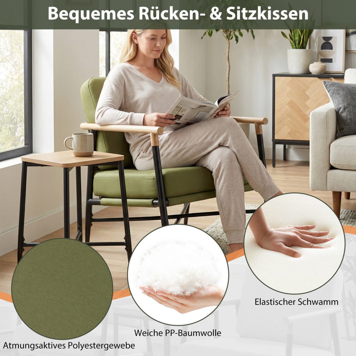 Paminkštintas krėslas su porankiais ir metaliniu rėmu (Žalia) – Paveikslėlis 4