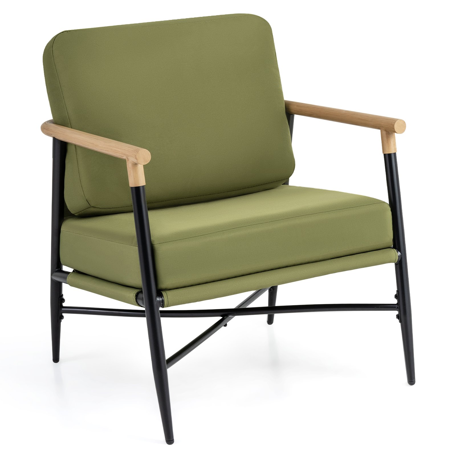 Paminkštintas krėslas su porankiais ir metaliniu rėmu (Žalia)