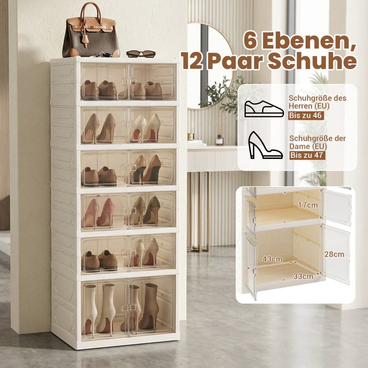 Pastatoma 6 aukštų batų spintelė su magnetinėmis durelėmis (Balta) – Paveikslėlis 5