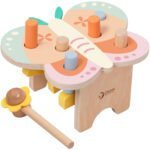 Pastelinis medinis Montessori kalimo staliukas drugelis su plaktuku