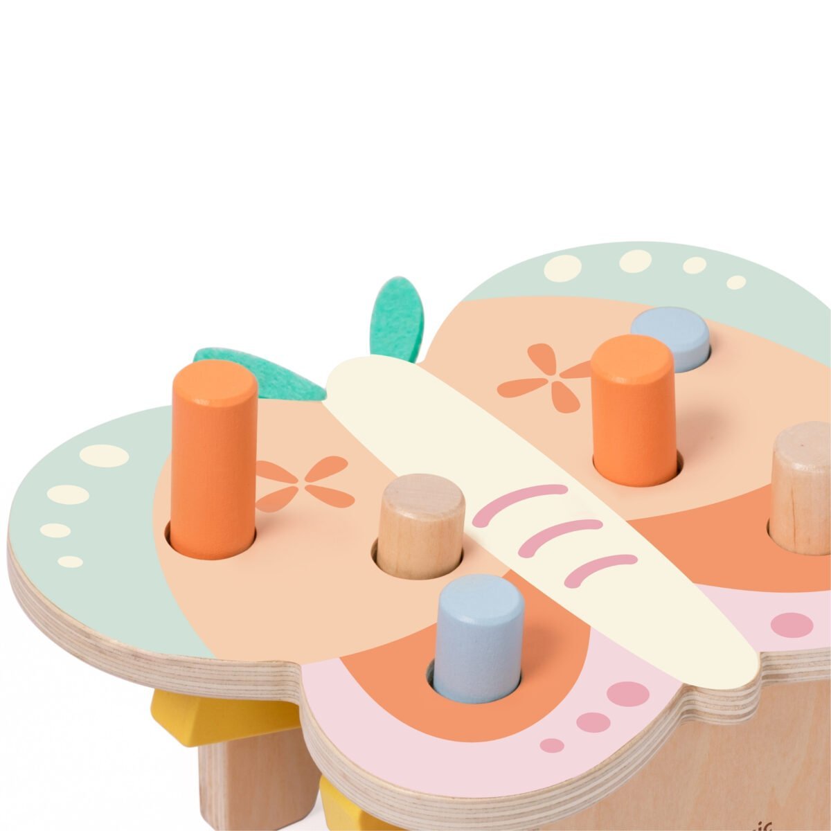 Pastelinis medinis Montessori kalimo staliukas drugelis su plaktuku – Paveikslėlis 3