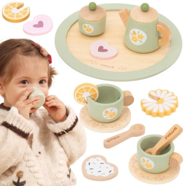 Pastelinių spalvų medinis arbatos servizas su citrinomis