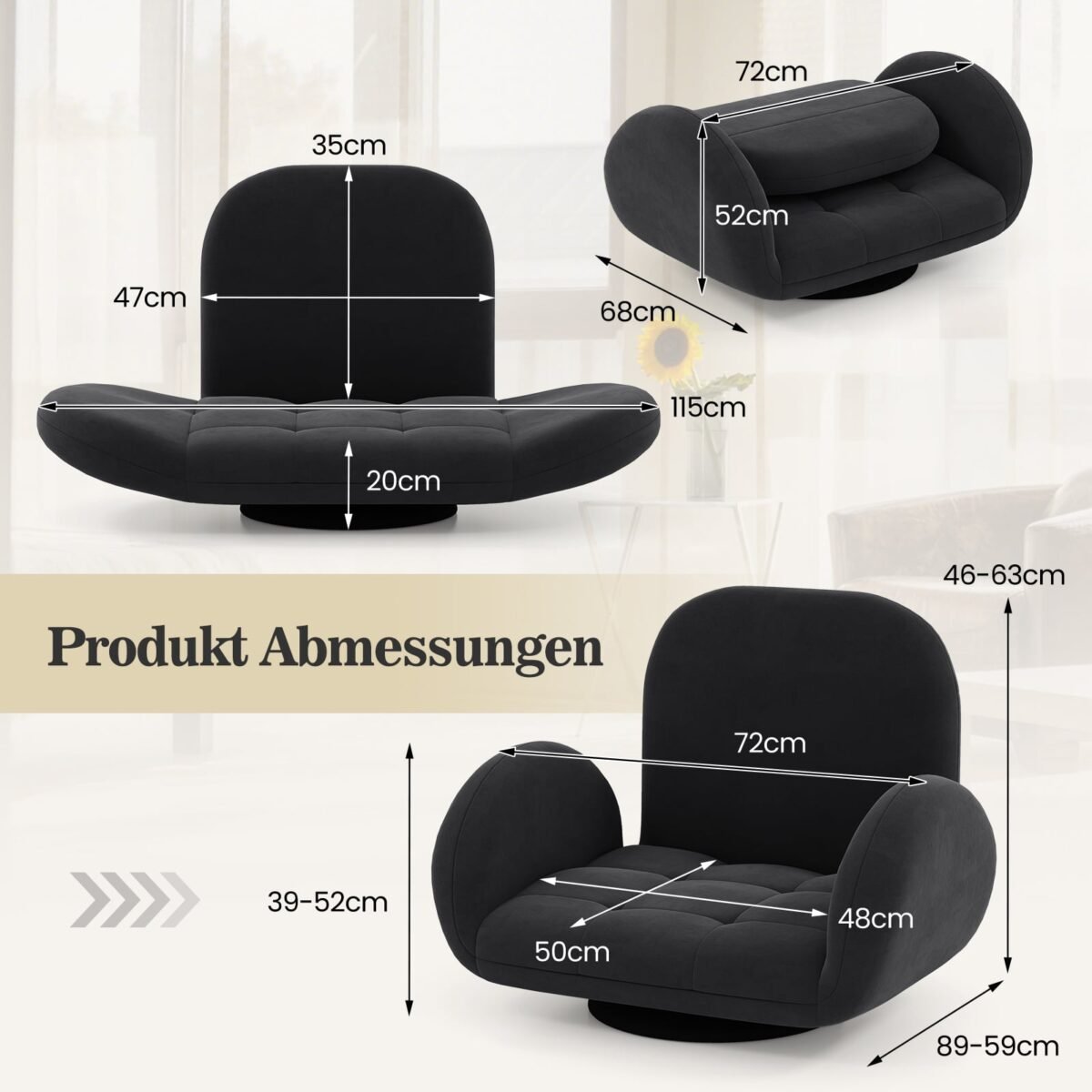 Pasukamas ir sulankstomas grindų krėslas su reguliuojamu atlošu (Juoda) – Paveikslėlis 2