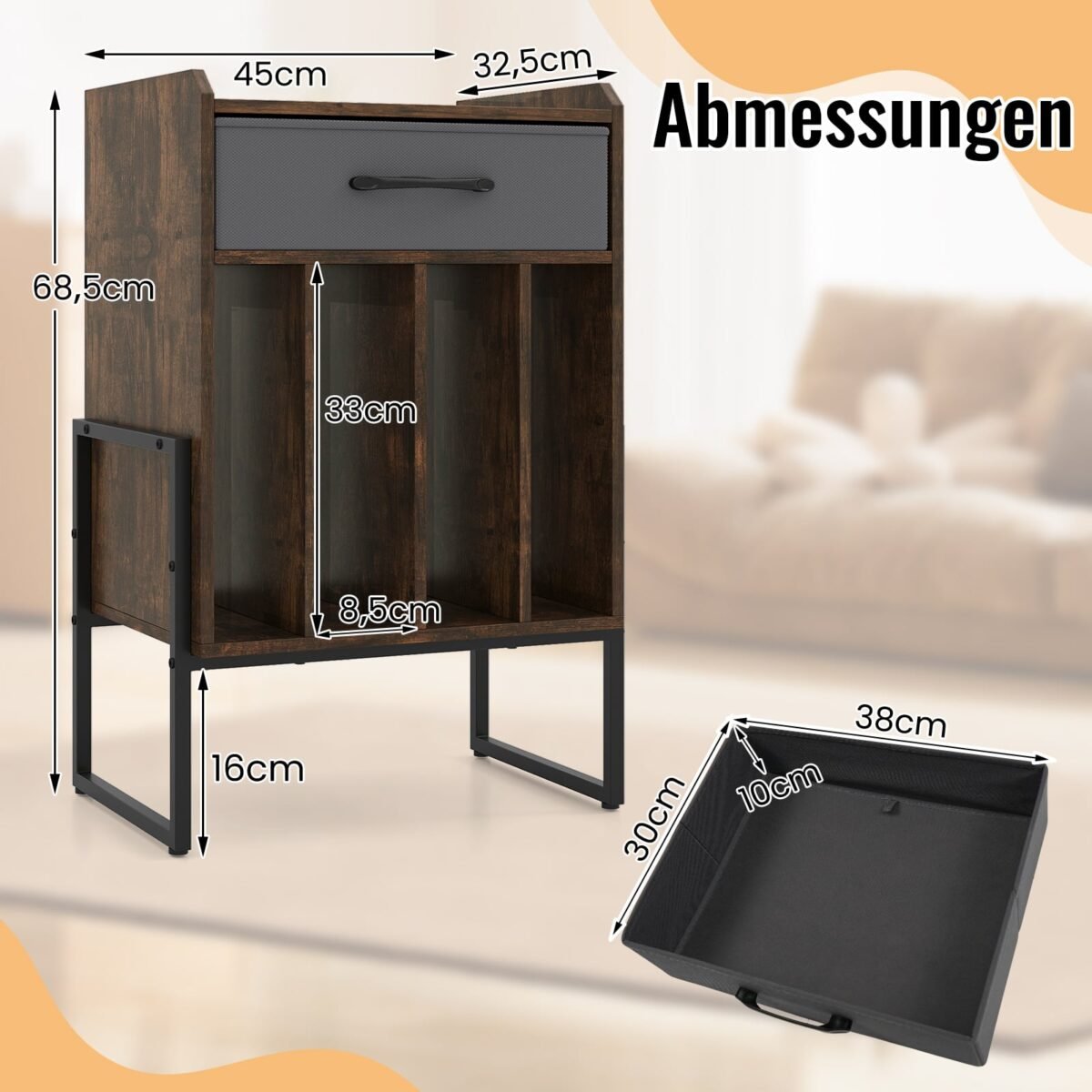 Patefono stovas su vinilinių plokštelių lentyna ir keturiais skyriais (Ruda) – Paveikslėlis 2