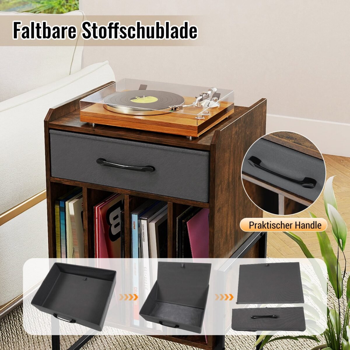 Patefono stovas su vinilinių plokštelių lentyna ir keturiais skyriais (Ruda) – Paveikslėlis 3