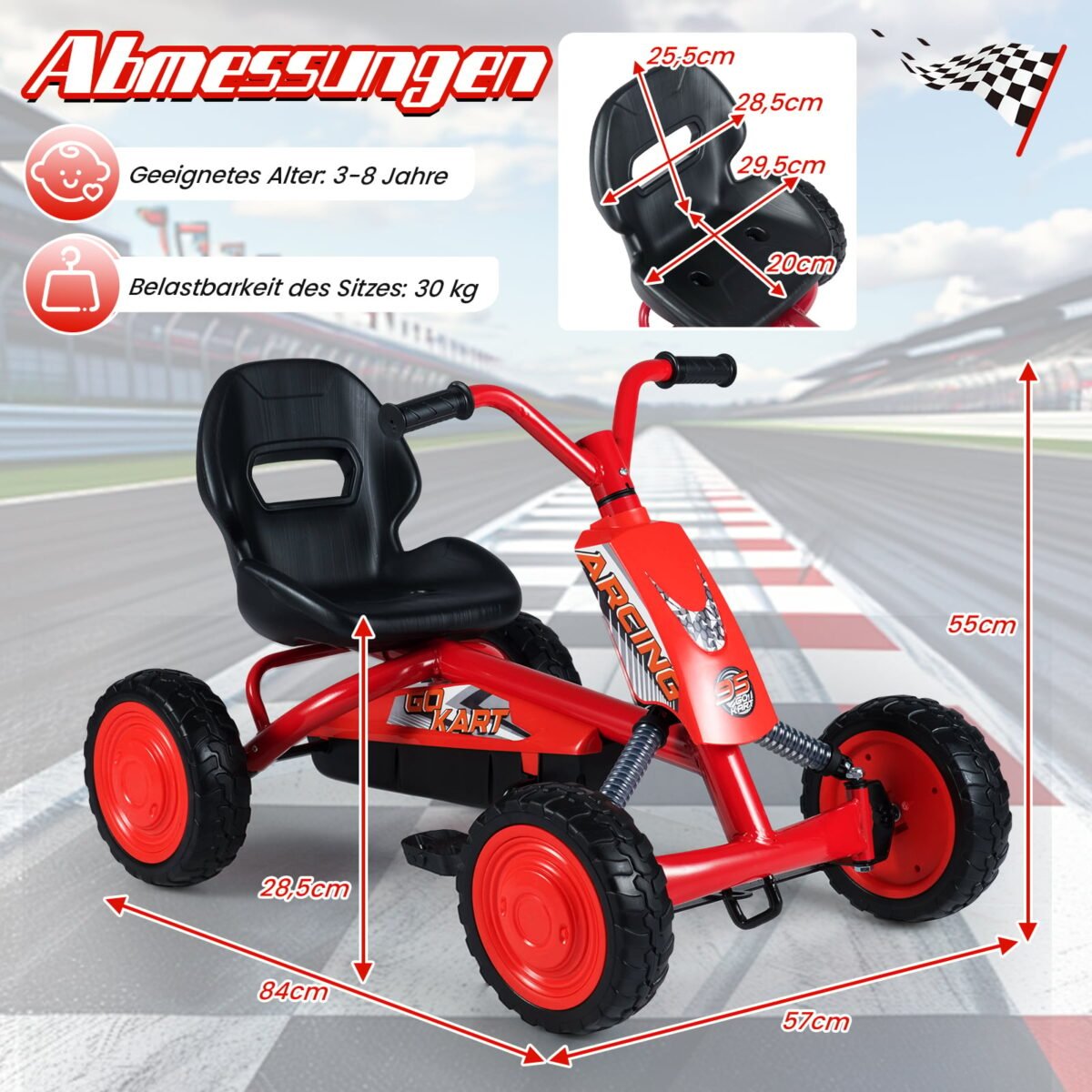 Pedalinis kartingas vaikams su reguliuojama sėdyne (Raudona) – Paveikslėlis 2