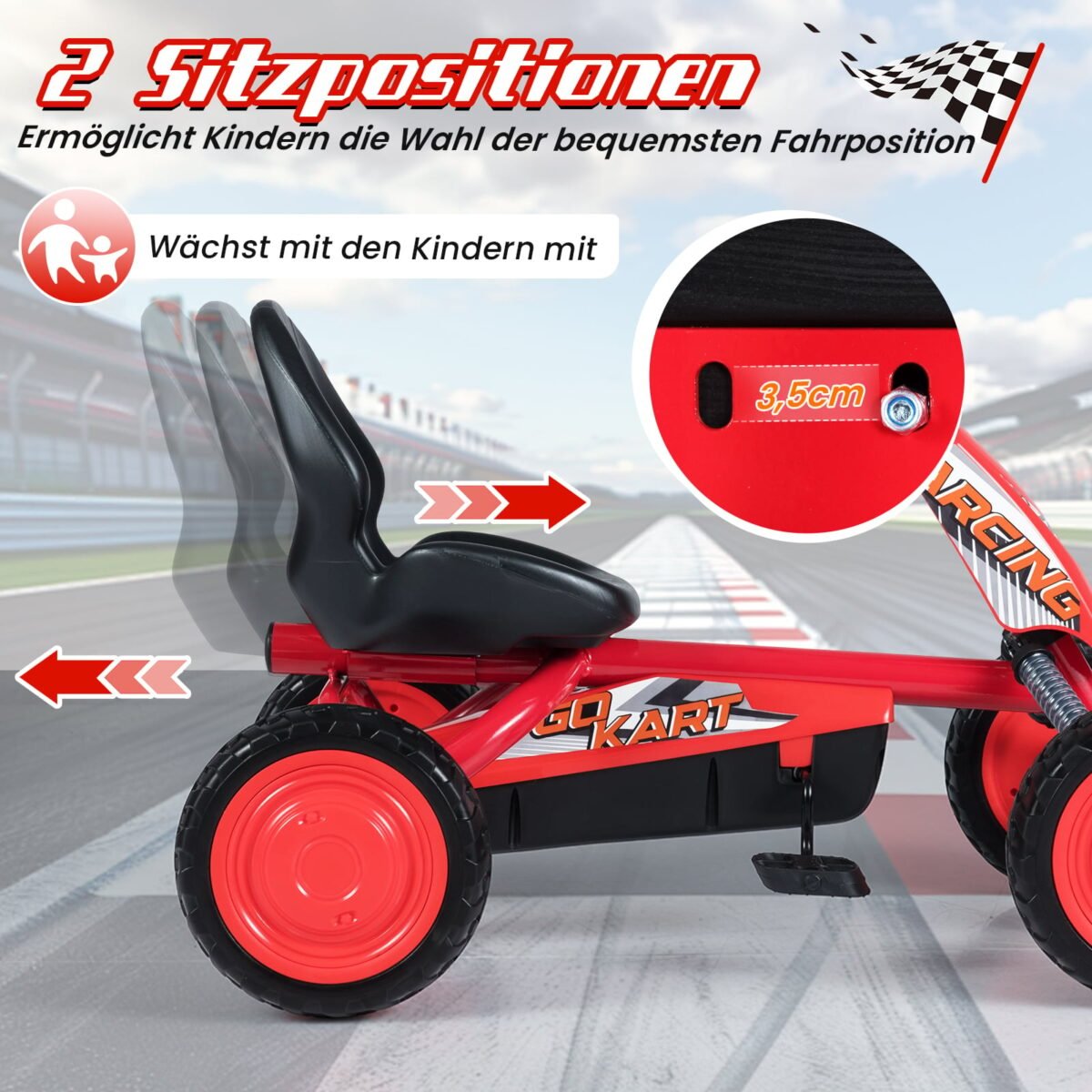 Pedalinis kartingas vaikams su reguliuojama sėdyne (Raudona) – Paveikslėlis 3