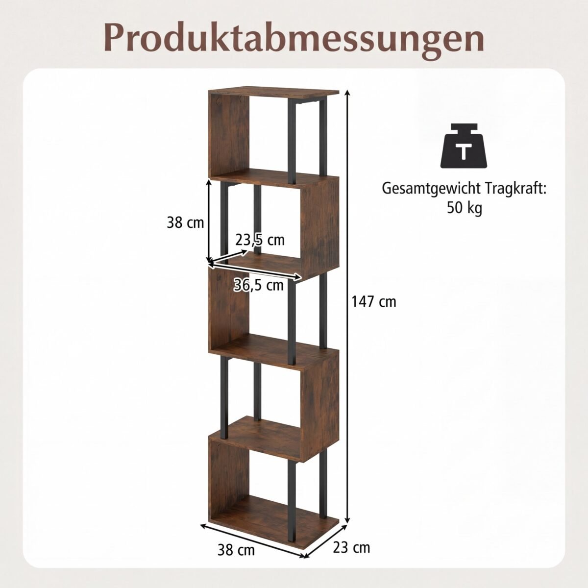 Penkiaaukštė geometrinė knygų lentyna su apsauga nuo apvirtimo (Kaimiška ruda) – Paveikslėlis 2