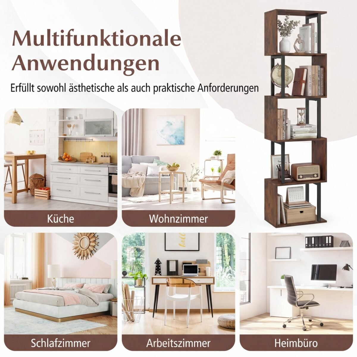 Penkiaaukštė geometrinė knygų lentyna su apsauga nuo apvirtimo (Kaimiška ruda) – Paveikslėlis 3