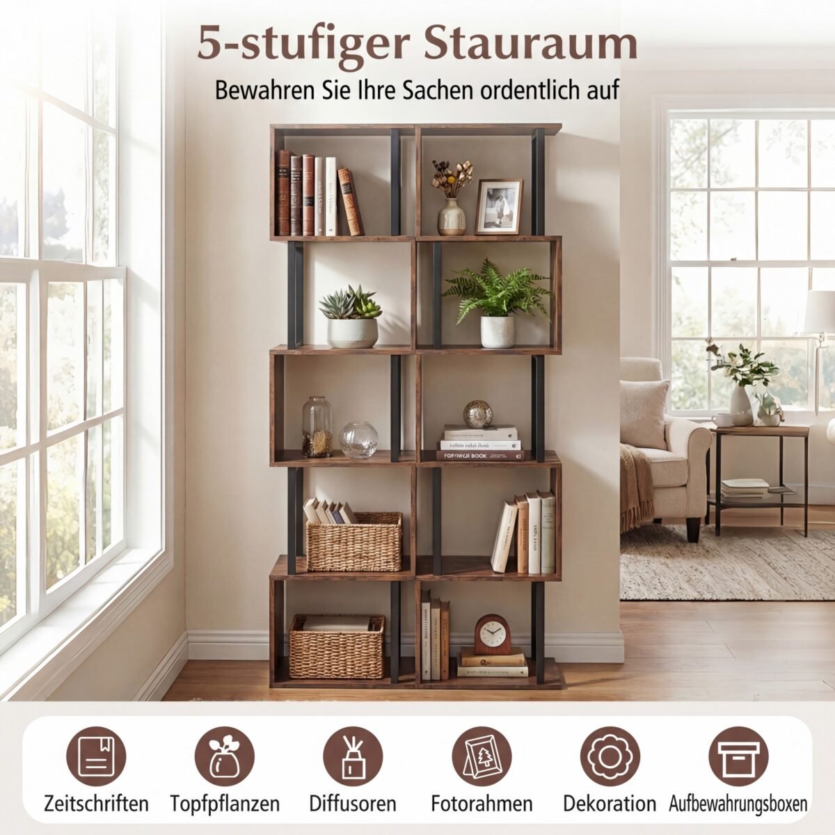 Penkiaaukštė geometrinė knygų lentyna su apsauga nuo apvirtimo (Kaimiška ruda) – Paveikslėlis 4