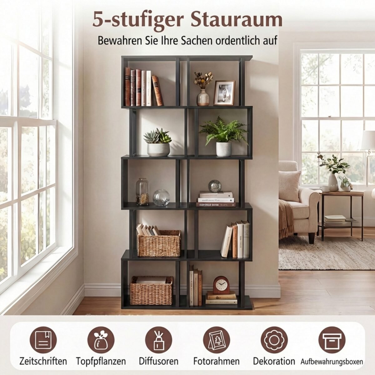 Penkių lygių geometrinė lentyna su apsauga nuo apvirtimo (Juoda) – Paveikslėlis 4