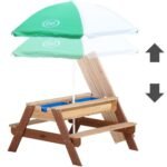 Pikniko stalas su suoliuku, skėčiu ir smėlio bei vandens talpyklomis